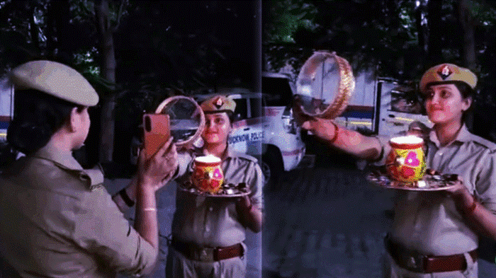 लखनऊ के हजरतगंज थाने में करवा चौथ की धूम: सिपाही वैशाली ने वर्दी में किया अपने ‘चांद’ का दीदार, सोशल मीडिया पर वायरल हुई तस्वीरें