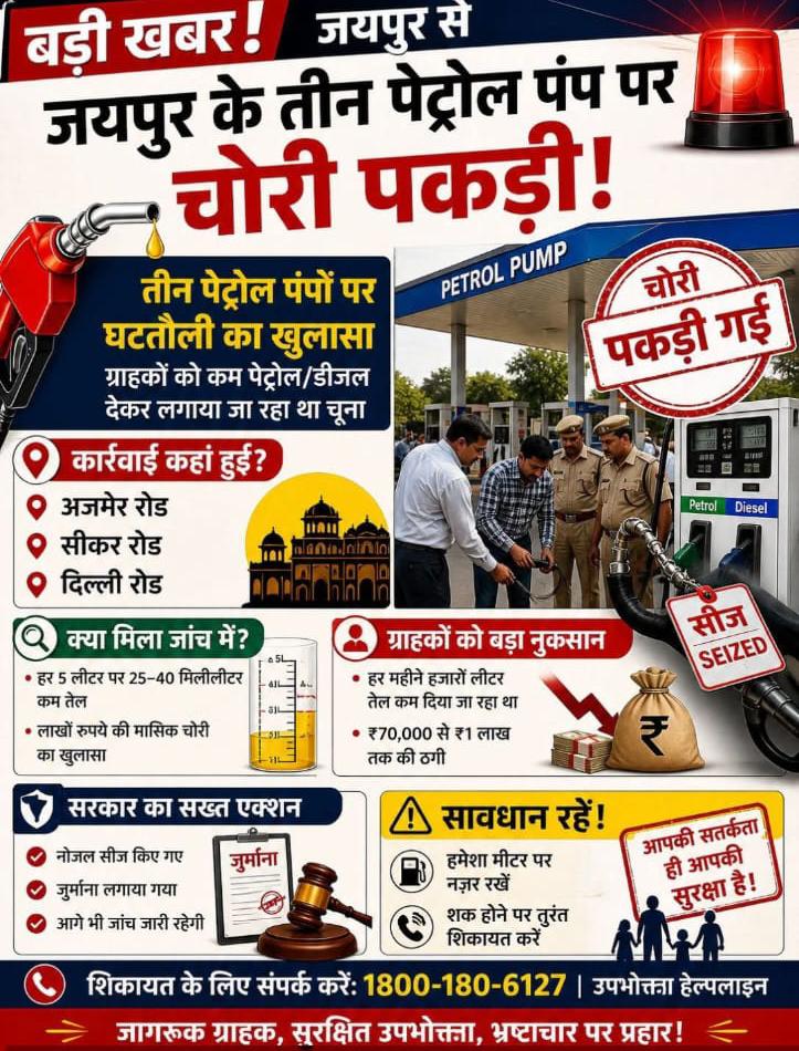जयपुर: मंत्री सुमित गोदारा के निर्देश पर पेट्रोल पंपों पर छापा, 3 नोज़ल सीज; 5 लीटर पर 40ml तक कम दे रहे थे ईंधन