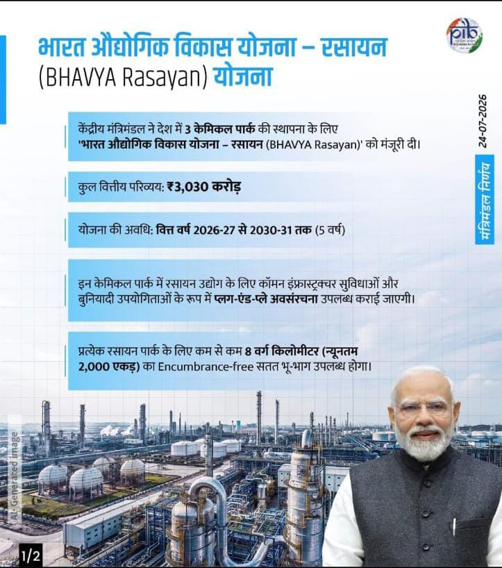 केंद्रीय मंत्रिमंडल ने ₹3,030 करोड़ की BHAVYA-Rasayan Scheme को दी मंजूरी, 3 केमिकल पार्क होंगे स्थापित